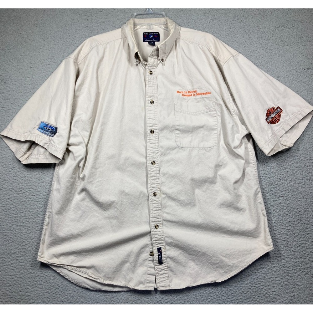 Port Authority‎ Shirt Men's 2XL Beige Ford Harley Davidson Born Detroit STAINS